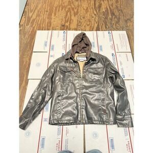 Columbia Leather Jacket Sherpa Lined Men's M Brown Removable Hoodie